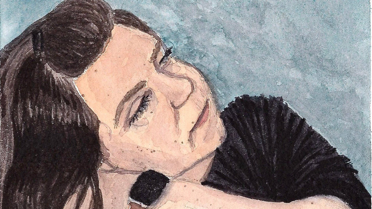 Artistic illustration of a person with dark hair and a black top against a textured blue background